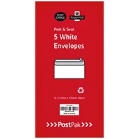 Postpak DL Envelopes, Peel and Seal, 80gsm, White, 5 Packs of 50