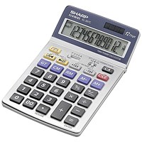 Sharp Semi-Desktop Tax Calculator, 12 Digit, Solar and Battery Power, White