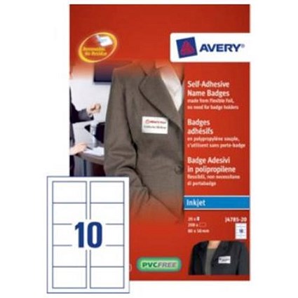 Avery Self-adhesive Name Badges / 10 per Sheet / 50x80mm / White / J4785-20 / 200 Labels