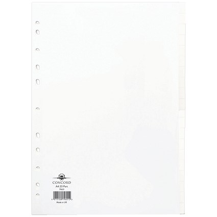 Concord Reinforced Board Subject Dividers, 20-Part, Blank Tabs, A4, White