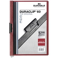 Durable A4 Duraclip Folders, 6mm Spine, Dark Red, Pack of 25