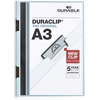 Durable A3 Duraclip Folders, 6mm Spine, Light Blue, Pack of 10