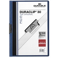 Durable A4 Duraclip Folders, 3mm Spine, Dark Blue, Pack of 5