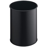 Durable Metal Round Waste Bin, Scratch Resistant Steel, 15 Litres, Black