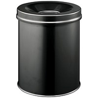 Durable Fire Extinguishing Metal Waste Bin, TUV Certified, 15L, Black