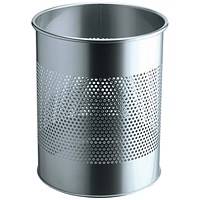 Durable Round Metal Perforated Waste Bin, Scratch Resistant Steel, 15 Litres, Silver