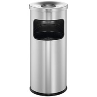 Durable Round Metal Waste Bin with Fire Extinguishing Ashtray, 17L Bin/2L Ashtray, Silver