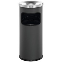 Durable Round Metal Waste Bin with Fire Extinguishing Ashtray, 17 Litre Bin/2 Litre Ashtray, Grey