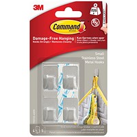 Command Small Stainless Steel Metal Hooks With Command Adhesive Strips, Pack of 4