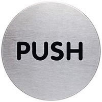 Durable Brushed Stainless Steel Adhesive Fire Door Push Sign Symbol, 65mm Diameter, Black on Silver