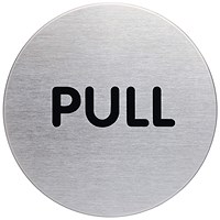 Durable Brushed Stainless Steel Adhesive Fire Door Pull Sign Symbol, 65mm Diameter, Black on Silver