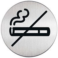 Durable Brushed Stainless Steel Adhesive No Smoking Sign Safety Symbol, 83mm Diameter, Black on Silver