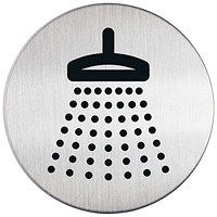 Durable Brushed Stainless Steel Adhesive Shower Sign Safety Symbol, 83mm Diameter, Black on Silver