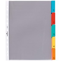 Durable 5 Part Replacable Tab Numbered Colour Coded Punched Index Divider, 1-5 Multicolour Tabs, A4