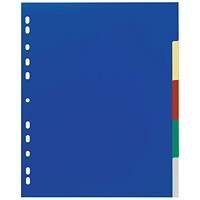 Durable 5 Part Coloured Tab Index Punched File Dividers, 5 Part Multicolour Tabs, A4+, Multicolour