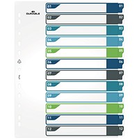 Durable Numbered Tab Punched Index Dividers + Cover, 1-12 Multicolour Tabs, A4+, White