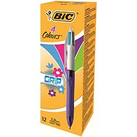 Bic 4 Colours Grip Fashion Ballpoint Pen 1mm Tip 0.32mm Line Purple Barrel Lime Green/Pink/Purple/Turquoise Ink (Pack 12)