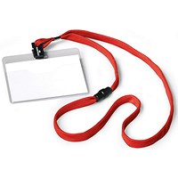 Durable Lanyard Name Badge ID Card Holder + Inserts, 60x90mm, Red, Pack of 10