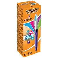 Bic 4 Colours Grip Fashion Retractable Ballpoint Pen, Pack of 12