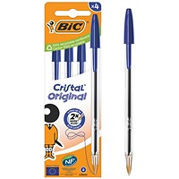 Bic Cristal Ballpoint Pen, Medium, Blue, Pack of 4