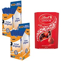 Bic Cristal Ball Pen, Clear Barrel, Blue, Pack of 50 - Buy 2 Get Lindor Milk Chocolate Box, 200g Free