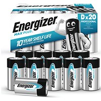 Energizer Max Plus D Alkaline Batteries, Pack of 20