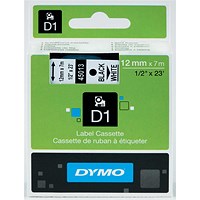 Dymo 45013 D1 Tape, Black on White, 12mmx7m