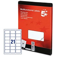 5 Star Multipurpose Laser Labels, 21 per Sheet, 63.5x38.1mm, White, 2100 Labels