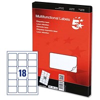 5 Star Multipurpose Laser Labels, 18 per Sheet, 63.5x46.6mm, White, 1800 Labels