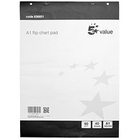 5 Star Value Flipchart Pad, Perforated, 40 Sheets, A1, Plain, Pack of 5