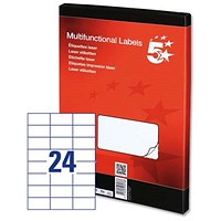 5 Star Multipurpose Laser Labels, 24 per Sheet, 64x34mm, White, 2400 Labels