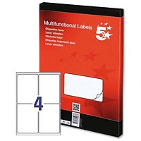 5 Star Multipurpose Labels, 4 Per Sheet, 139x99.1mm, White, 400 Labels