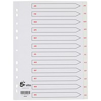 5 Star Elite Plastic Index Dividers, Jan-Dec, White Tabs, A4, White