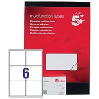 5 Star Laser and Inkjet Labels, 6 per Sheet, 99x93mm, White, 600 Labels