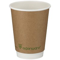 Edenware Double Wall PLA Lined Coffee Cup, 12oz, Kraft, Pack of 500