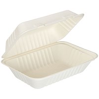 Bagasse Clamshell Large Meal Box, 228x152mm, White, Pack of 250