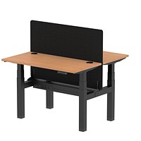 Air 2 Person Sit-Standing Bench Desk with Charcoal Straight Screen, Back to Back, 2 x 1200mm (600mm Deep), Black Frame, Oak