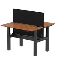 Air 2 Person Sit-Standing Bench Desk with Charcoal Straight Screen, Back to Back, 2 x 1200mm (600mm Deep), Black Frame, Walnut