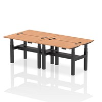 Air 4 Person Sit-Standing Bench Desk, Back to Back, 4 x 1200mm (600mm Deep), Black Frame, Oak