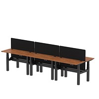 Air 6 Person Sit-Standing Bench Desk with Charcoal Straight Screen, Back to Back, 6 x 1200mm (600mm Deep), Black Frame, Walnut