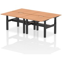 Air 4 Person Sit-Standing Scalloped Bench Desk, Back to Back, 4 x 1200mm (800mm Deep), Black Frame, Oak