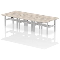 Air 6 Person Sit-Standing Scalloped Bench Desk, Back to Back, 6 x 1200mm (800mm Deep), Silver Frame, Grey Oak