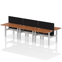 Air 6 Person Sit-Standing Bench Desk with Charcoal Straight Screen, Back to Back, 6 x 1200mm (800mm Deep), Silver Frame, Walnut