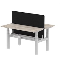 Air 2 Person Sit-Standing Bench Desk with Charcoal Straight Screen, Back to Back, 2 x 1400mm (600mm Deep), Silver Frame, Grey Oak