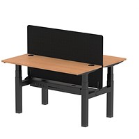 Air 2 Person Sit-Standing Bench Desk with Charcoal Straight Screen, Back to Back, 2 x 1400mm (600mm Deep), Black Frame, Oak