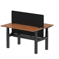 Air 2 Person Sit-Standing Bench Desk with Charcoal Straight Screen, Back to Back, 2 x 1400mm (600mm Deep), Black Frame, Walnut