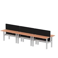 Air 6 Person Sit-Standing Bench Desk with Charcoal Straight Screen, Back to Back, 6 x 1400mm (600mm Deep), Silver Frame, Beech