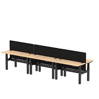 Air 6 Person Sit-Standing Bench Desk with Charcoal Straight Screen, Back to Back, 6 x 1400mm (600mm Deep), Black Frame, Maple