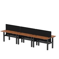 Air 6 Person Sit-Standing Bench Desk with Charcoal Straight Screen, Back to Back, 6 x 1400mm (600mm Deep), Black Frame, Walnut