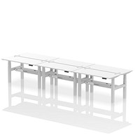 Air 6 Person Sit-Standing Bench Desk, Back to Back, 6 x 1400mm (600mm Deep), Silver Frame, White